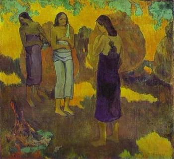 保羅 高更 Three Tahitian Women against a Yellow Background